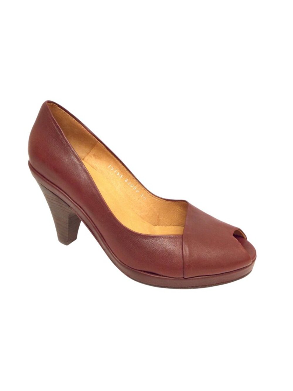 COCLICO Crimson Red Leather Peep Toe Chunky Heel Pumps 38
